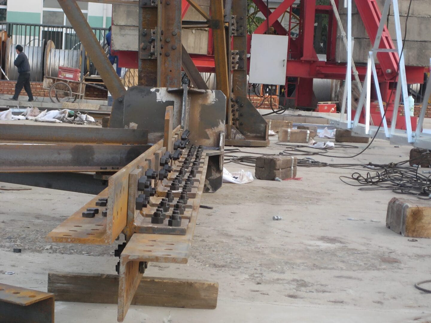 Steel beams and bolts at construction area.