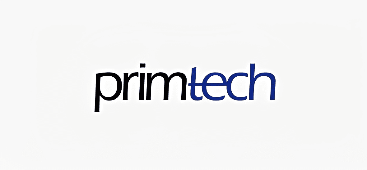 Black and blue primtech text logo