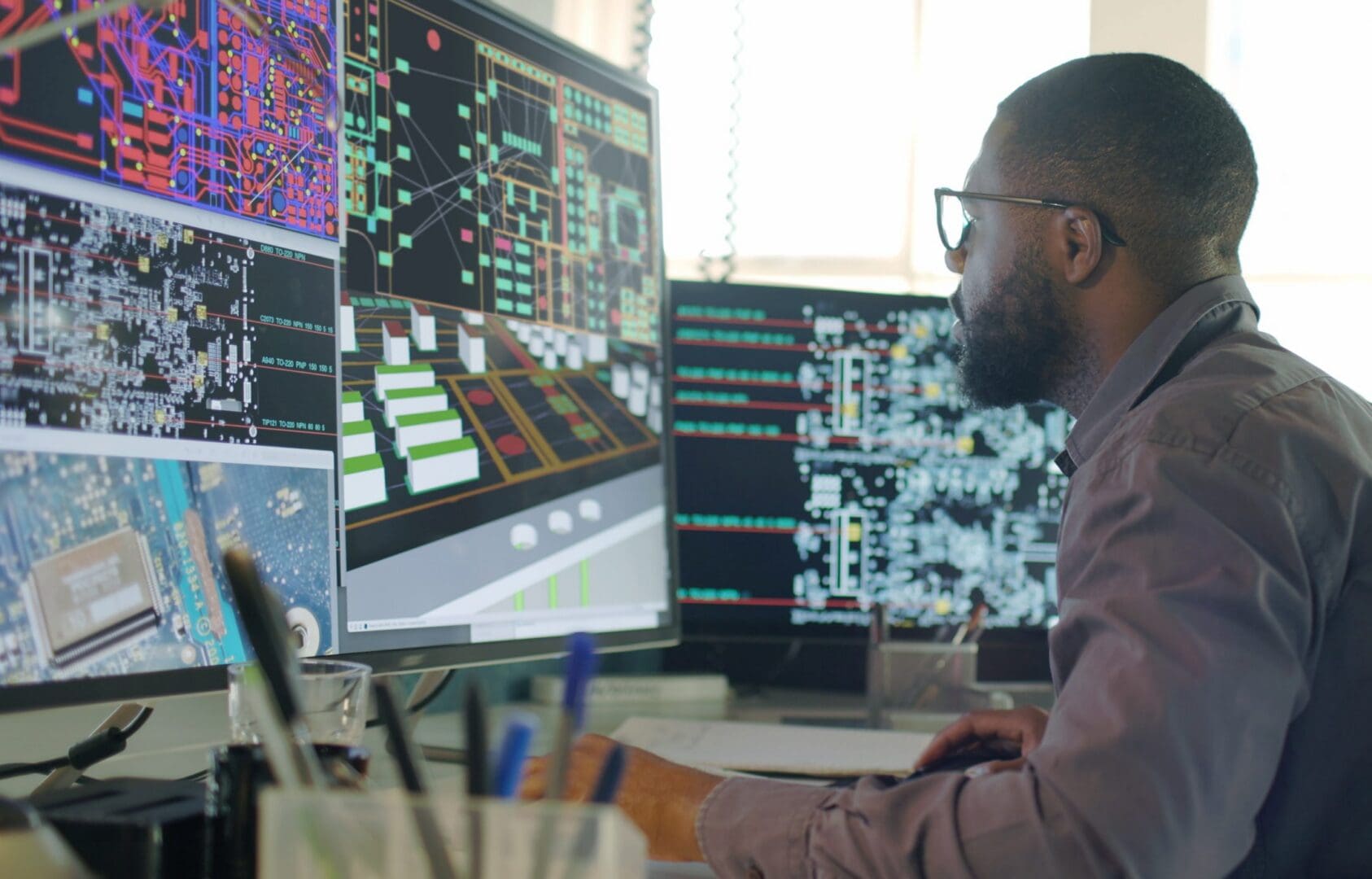 Person analyzing circuit board designs on monitors