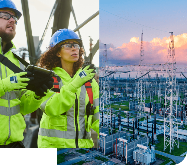Workers inspecting electrical substation with tablet
