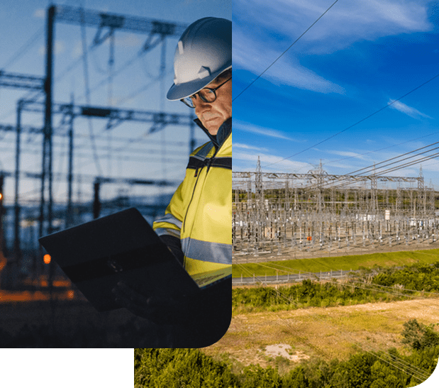 Utility worker inspecting electrical substation at dusk