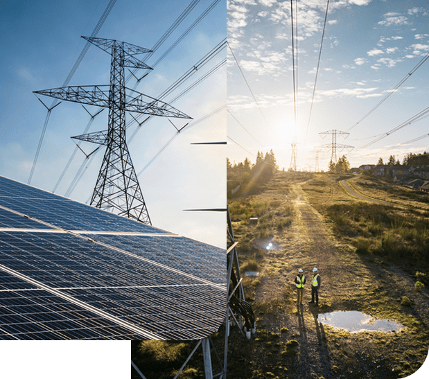 Solar panels with transmission tower and workers