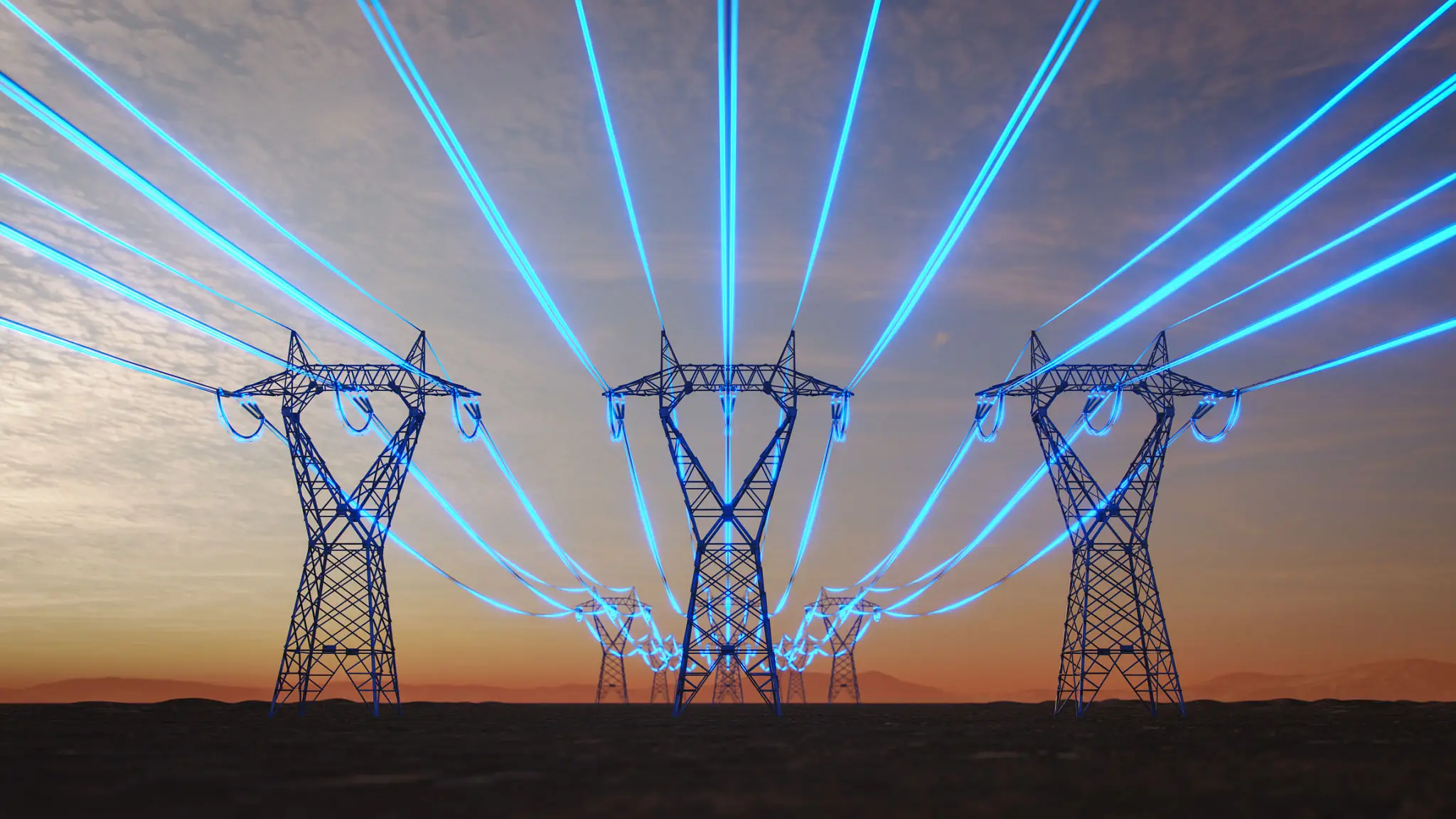 Transmission towers with glowing blue power lines