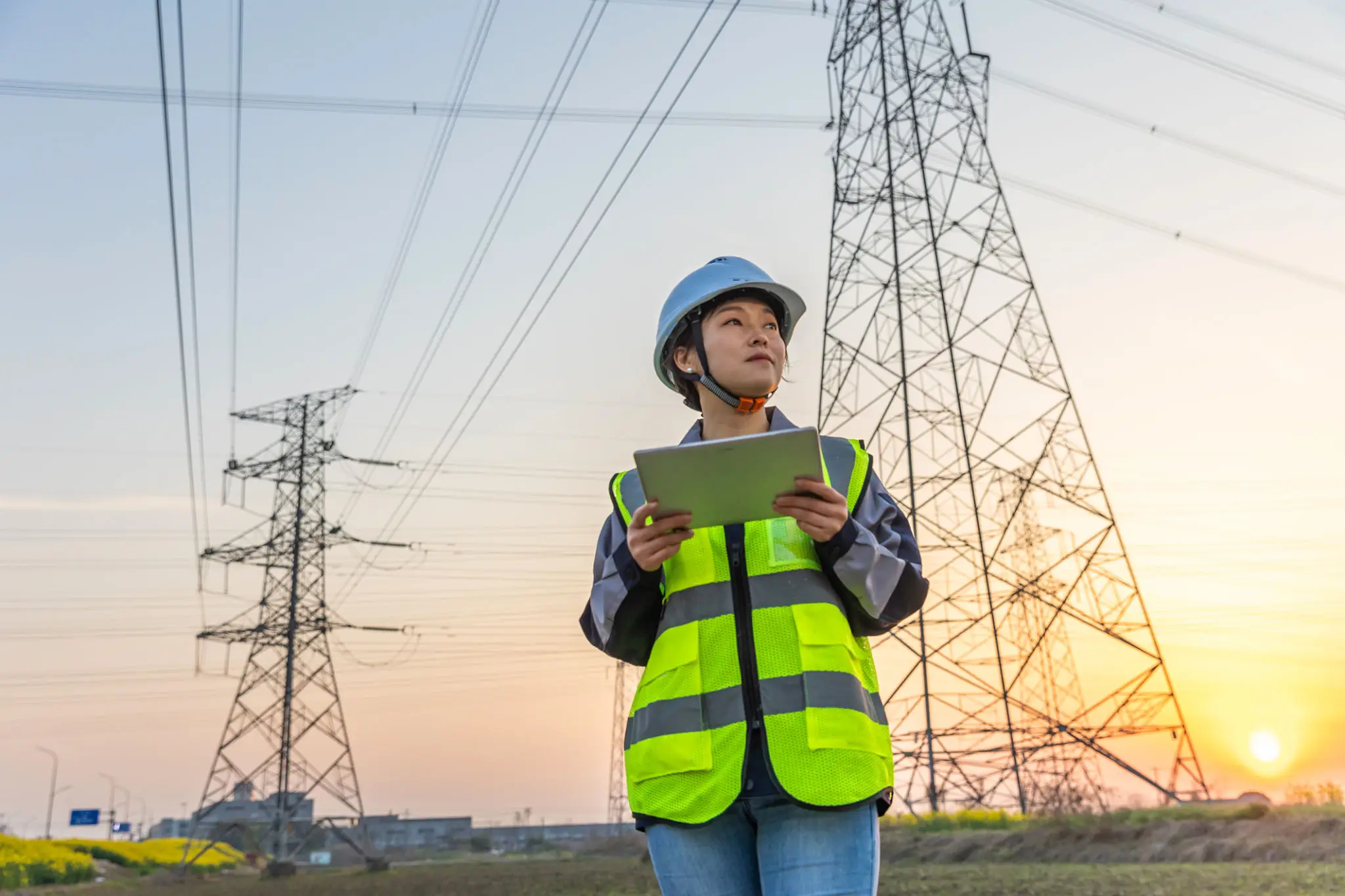 Worker with tablet under electrical transmission towers
