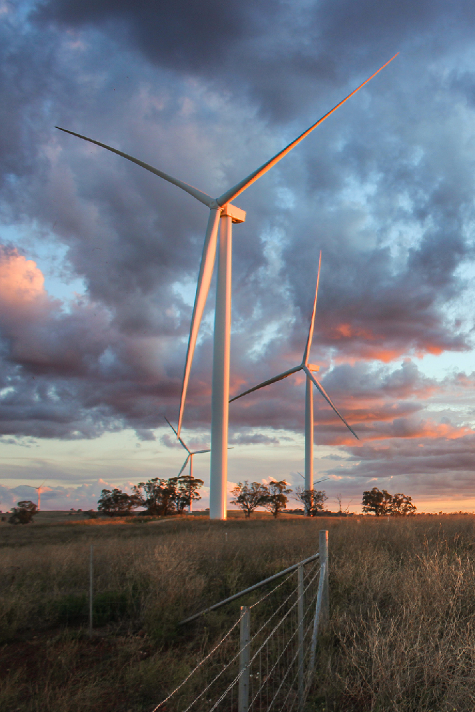 Wind turbines in field at colorful sunset