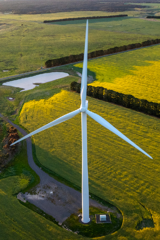 Aerial view of wind turbine over farmland